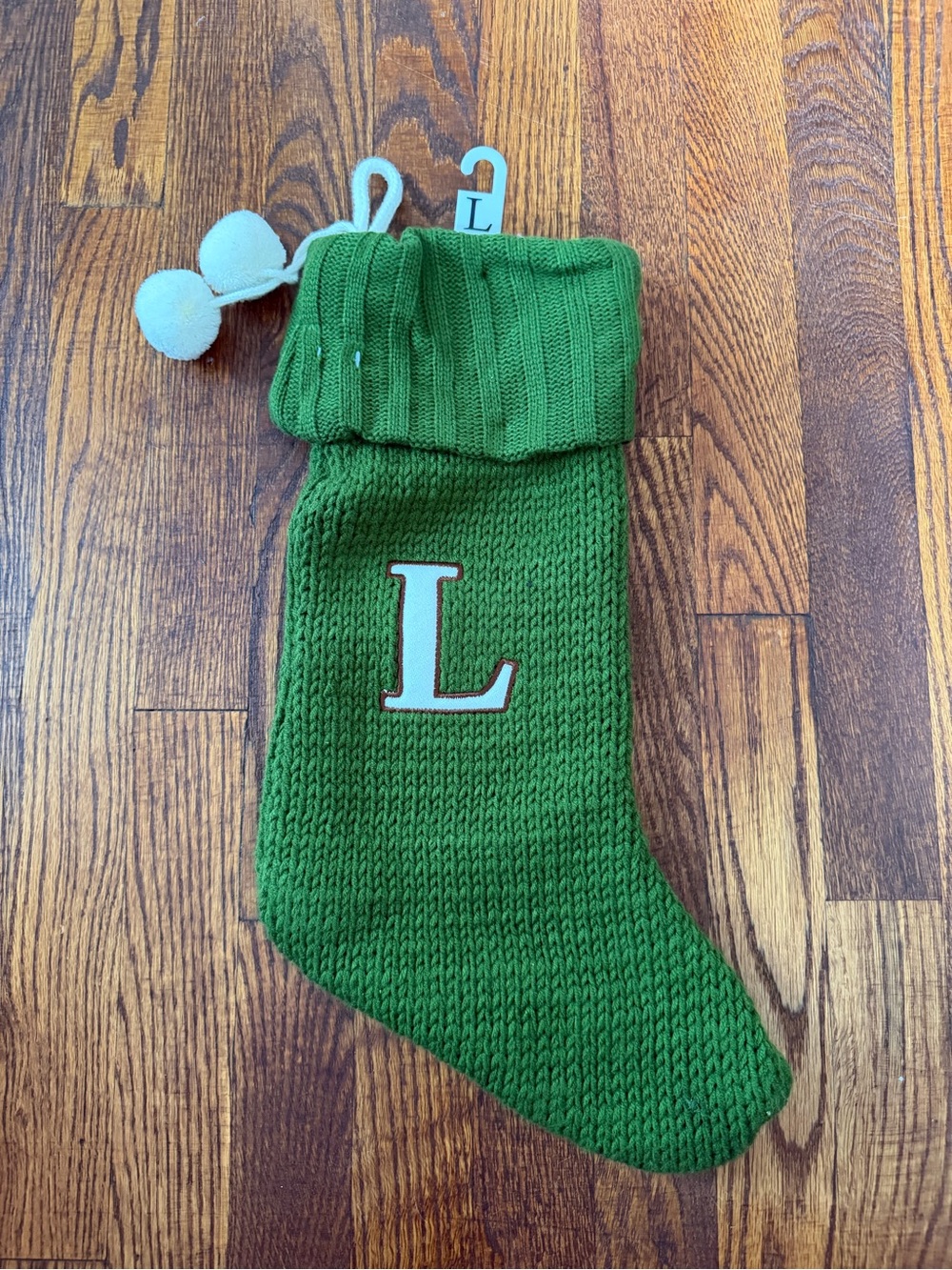 Green Knit Kids Stocking with Pom-Poms and 'L' Letter